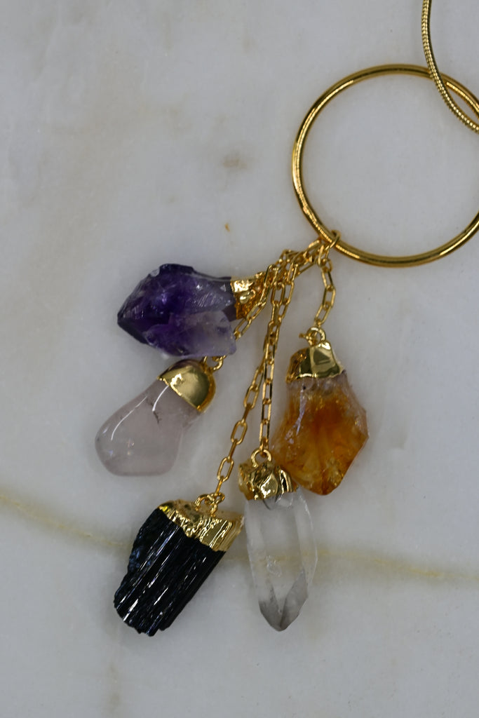 The Healer's Toolbox -  Amethyst + Rose Quartz + Citrine + Tourmaline Quartz Cluster Necklace