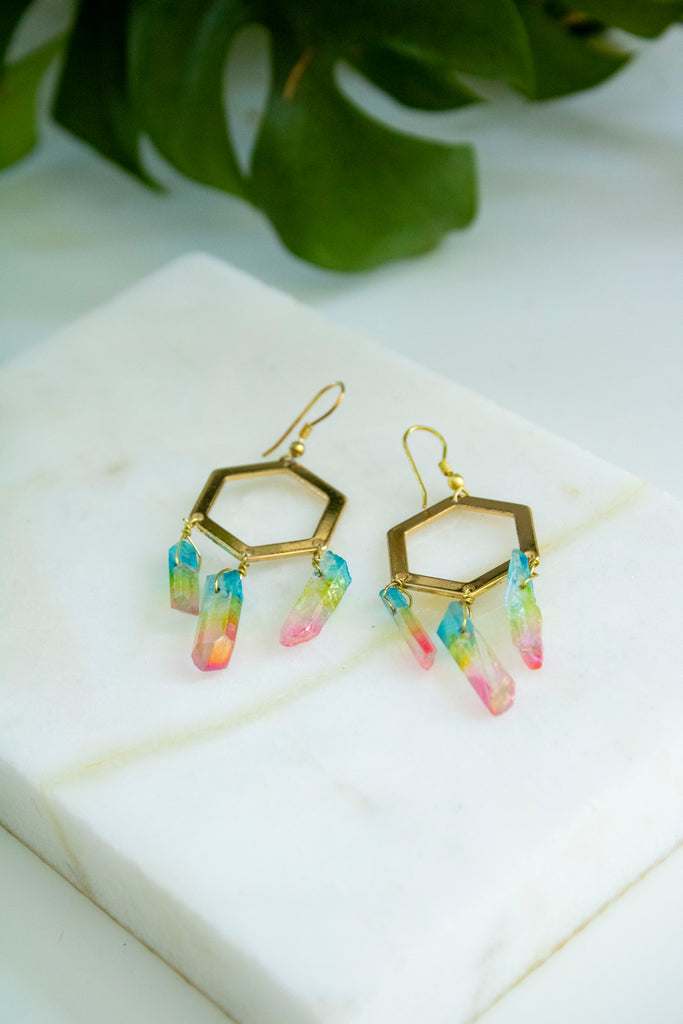 Rainbow Aura Quartz Bead Earrings